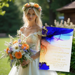 Elegantes Saphirblau Orange Hochzeit Gold Folieneinladung