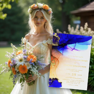 Elegantes Saphirblau Orange Hochzeit Gold Folieneinladung