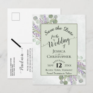 Elegantes Save-the-Date Eukalyptus & Lavendel Grün Ankündigungspostkarte