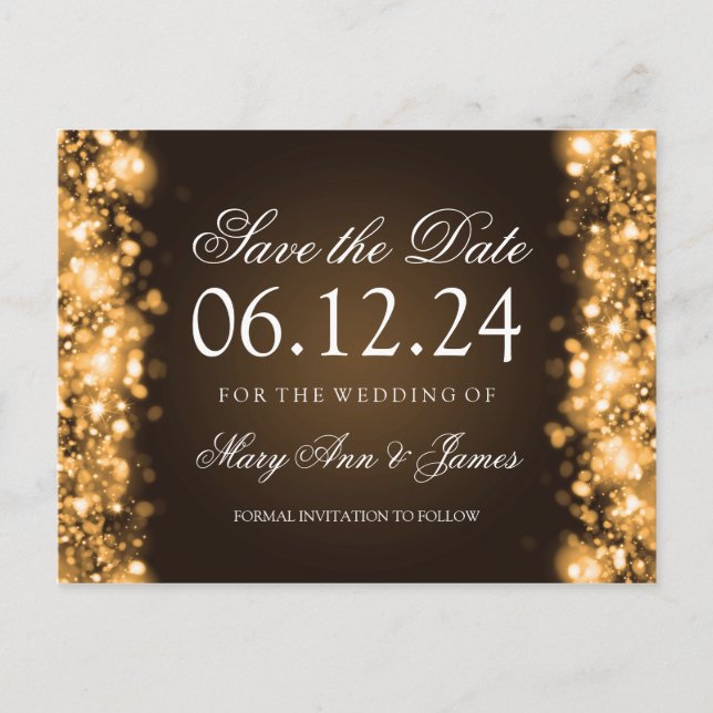 Elegantes Save the Date funkelndes Licht Gold Ankündigungspostkarte (Vorderseite)