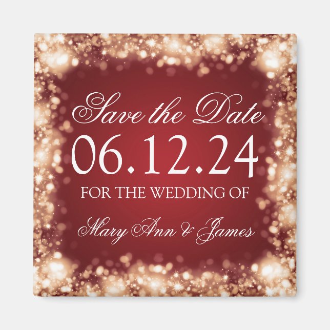 Elegantes Save the Date funkelndes Licht Gold Magnet (Vorne)