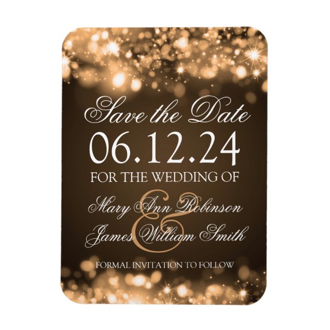 Elegantes Save the Date funkelndes Licht Gold Magnet (Vertikal)