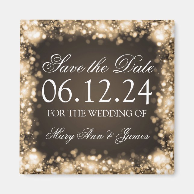 Elegantes Save the Date funkelndes Licht Gold Magnet (Vorne)