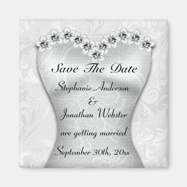 Elegantes Save the Date Hochzeits-Kleid Magnet (Vorne)