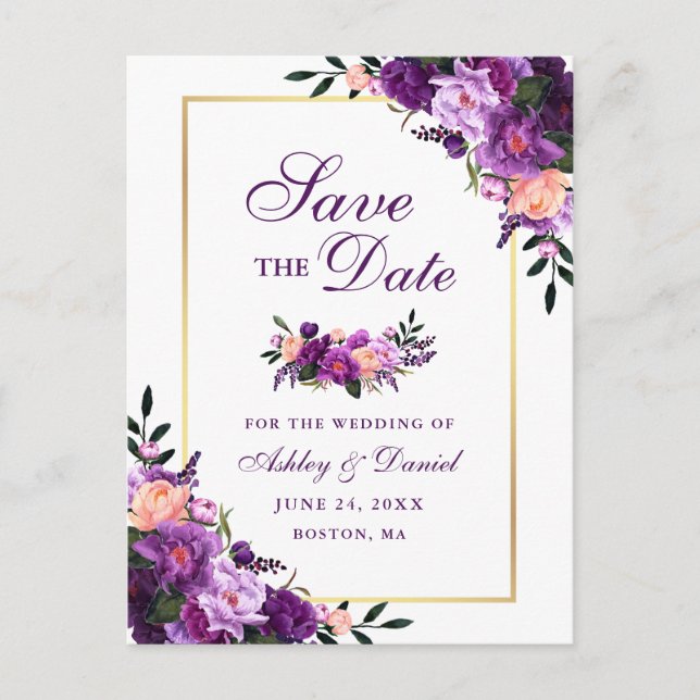 Elegantes, Save the Date Lila Violet Floral Gold Ankündigungspostkarte (Vorderseite)