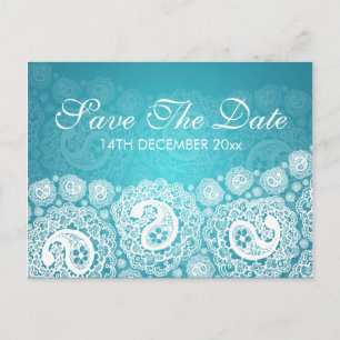 Elegantes Save the Date Paisley-Spitze-Blau Ankündigungspostkarte