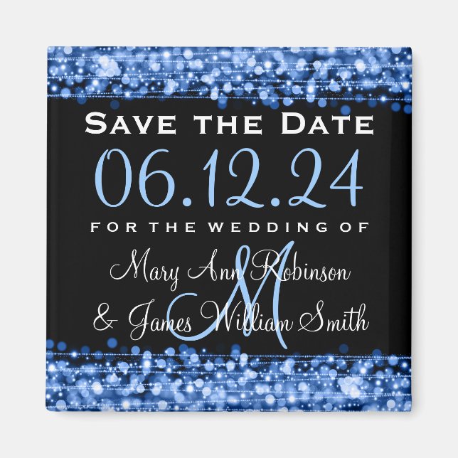 Elegantes Save the Date Party Glitzern Blue Magnet (Vorne)