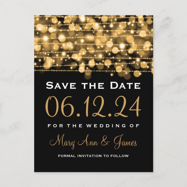 Elegantes Save the Date Party Glitzern Gold Ankündigungspostkarte (Vorderseite)
