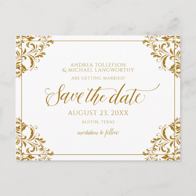 Elegantes Save the Date Vintages Gold Ankündigungspostkarte (Vorderseite)