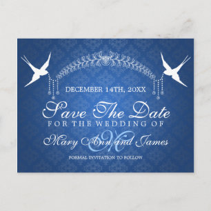 Elegantes Save the Date Vogel-Monogramm-Blau Ankündigungspostkarte