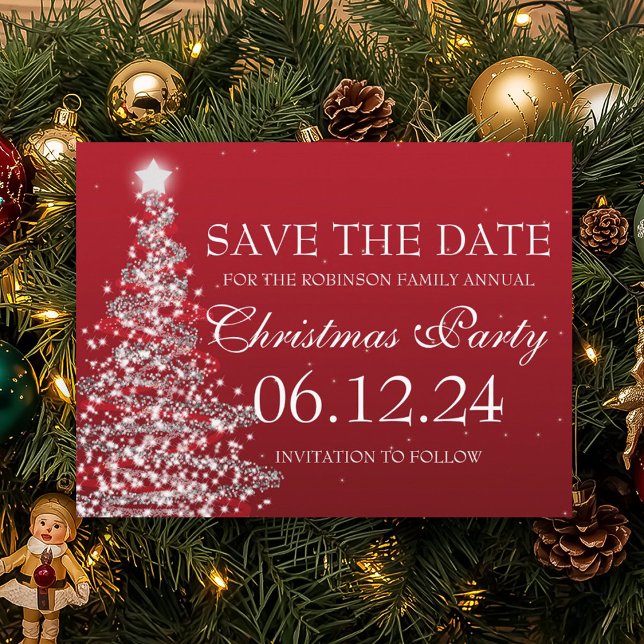 Elegantes Save the Date Weihnachts-Party Rot Ankündigungspostkarte (Elegant Save The Date Christmas Party Red Announcement Postcard)