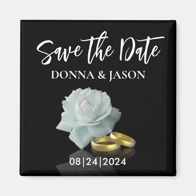 Elegantes Save the Date White Rose Gold Rings Scri Magnet (Vorne)