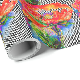 Elegantes Schachbrett mit rotem Mohnmohn Geschenkpapier