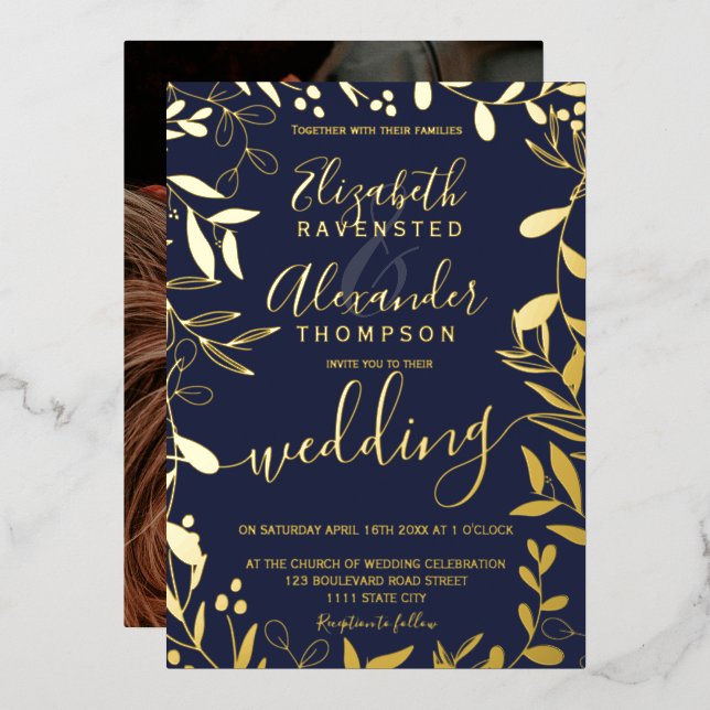 Elegantes schicke Hochzeitsgold mit blühendem Blau Folieneinladung (Vorderseite/Rückseite)