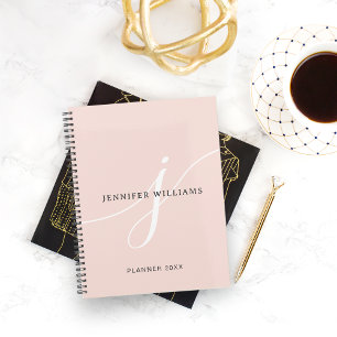 Elegantes Schlicht Blush Pink White Script Monogra Planer