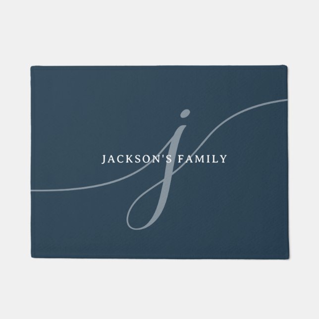 Elegantes Schlicht Navy White Script Monogram Fußmatte (Vorderseite)