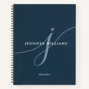 Elegantes Schlichtes Blue Script Monogram Rezept Notizbuch