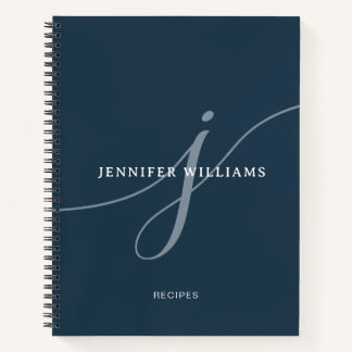 Elegantes Schlichtes Blue Script Monogram Rezept Notizbuch