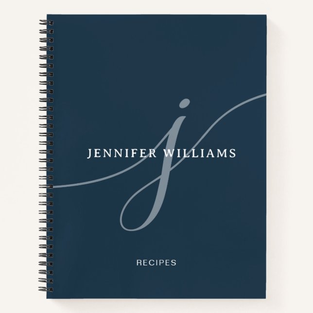 Elegantes Schlichtes Blue Script Monogram Rezept Notizbuch (Vorderseite)