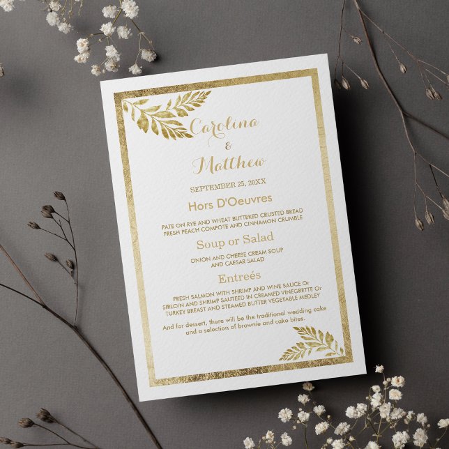 Elegantes, schlichtes, goldfarbenes Hochzeitsmenü Menükarte (Elegance simple white golden floral Wedding Menu )