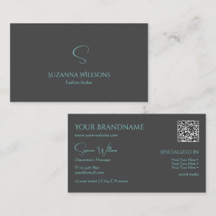 Elegantes Schlichtes Grau Aquamarin mit Monogramm Visitenkarte