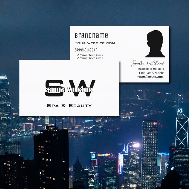 Elegantes Schlichtes Weiß mit Monogram und Foto Mo Visitenkarte (Von Creator hochgeladen)