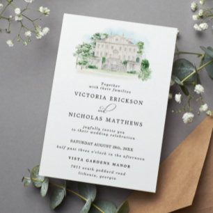 Elegantes Schloss   Aquarell-Anwesen-Hochzeit Einladung
