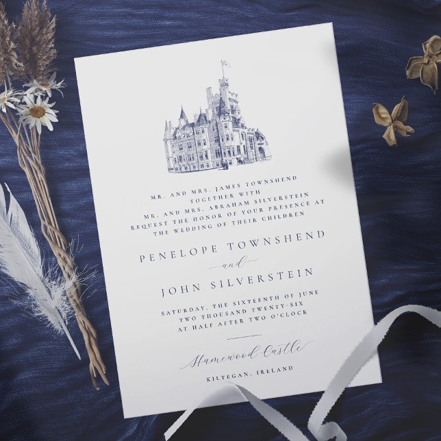 Elegantes Schloss Illustration Eltern Gastgeber Ho Einladung (In Situ. Wedding invitation w/ vintage castle illustration, text denotes that both parents hosting)