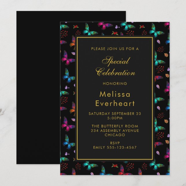 Elegantes Schmetterlingsmuster auf schwarz Einladung (Vorne/Hinten)