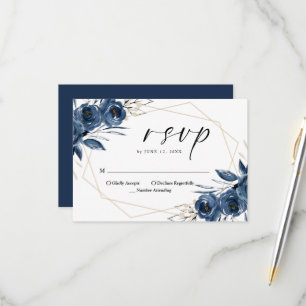 Elegantes Schrift Navy Blau Blumen QR-Code Hochzei RSVP Karte