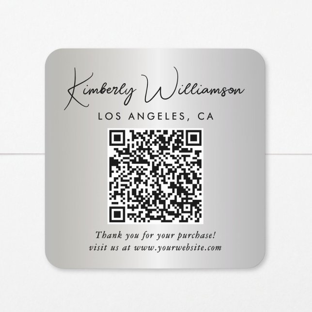 Elegantes Schrift QR-Code Silber Danke Quadratischer Aufkleber (Von Creator hochgeladen)