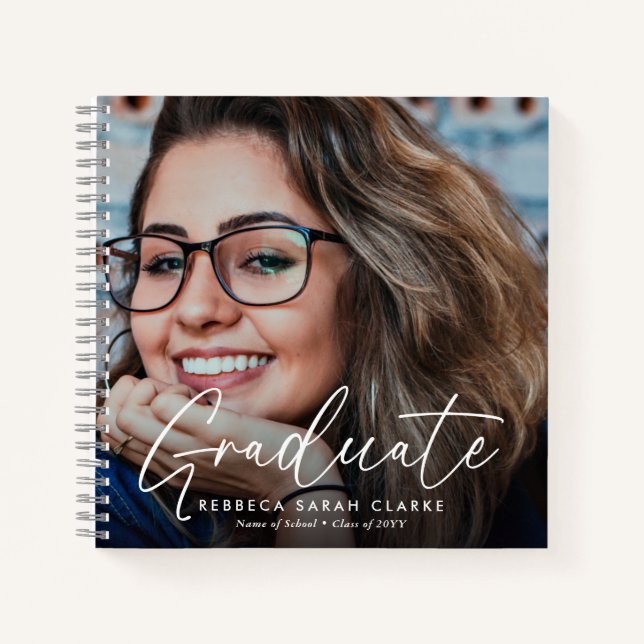 Elegantes Schriftzug-Absolventen-Foto-Andenken  Notizbuch (Vorderseite)