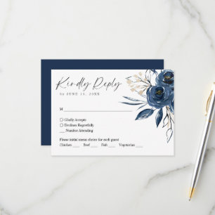 Elegantes Schriftzug Marineblau Florale Hochzeit RSVP Karte
