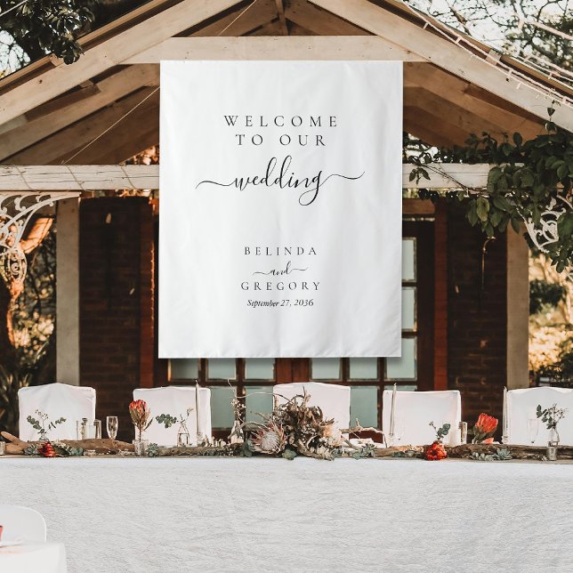 Elegantes Schriftzug Willkommen auf unserer Hochze Wandteppich (Elegant Script Welcome To Our Wedding Fabric Sign Tapestry)