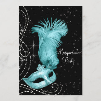 Elegantes Schwarz-Aquamarin-Blaues Masquerade-Part Einladung
