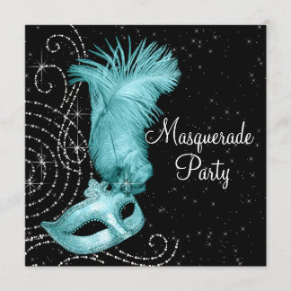 Elegantes Schwarz-Aquamarin-Blaues Masquerade-Part Einladung