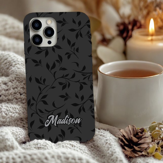 Elegantes Schwarz-Blatt graues Monogramm Case-Mate iPhone Hülle (Von Creator hochgeladen)