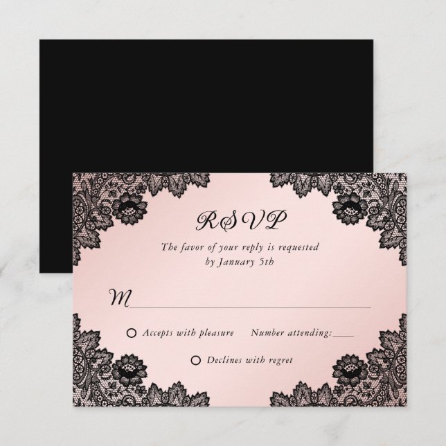Elegantes Schwarz-Blütenblatt Hochzeit RSVP (Vorne/Hinten)