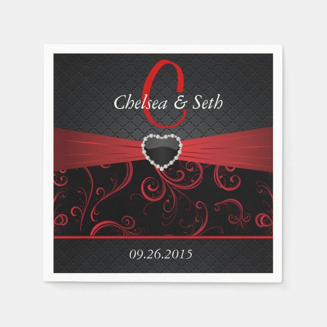 Elegantes Schwarz-Deep-Rot-Flora-Muster Serviette (Vorderseite)