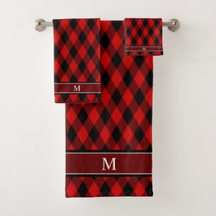 Elegantes Schwarz-Diamant-Muster und Monogramm Badhandtuch Set