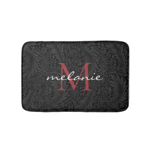 Elegantes Schwarz-Floral-Rotes Skript-Monogramm Badematte