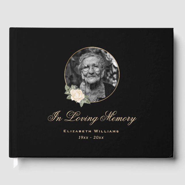 Elegantes Schwarz-Gelb-Rose-Foto Gästebuch (Vorderseite)