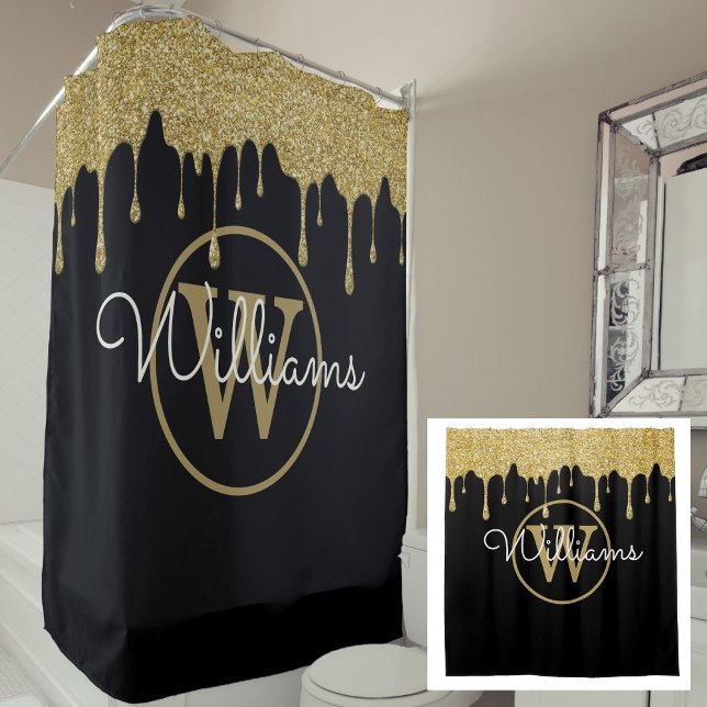 Elegantes Schwarz-Glitzer-Tropfen Monogramm-Skript Duschvorhang (Elegant Black Gold Glitter Drips Monogram Script Shower Curtain)