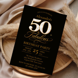 Elegantes Schwarz Gold 50. Geburtstag Einladung