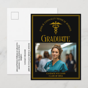 Elegantes Schwarz-Gold-Absolventenfoto der medizin Ankündigungspostkarte