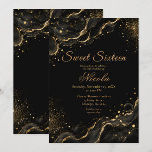 Elegantes Schwarz-Gold-Alkohol-Tinte Sweet Sixteen Einladung