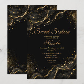 Elegantes Schwarz-Gold-Alkohol-Tinte Sweet Sixteen Einladung