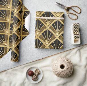 Elegantes Schwarz-Gold-Art-Deco-Muster Geschenkpapier