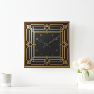 Elegantes Schwarz-Gold Art Deco Quadratische Wanduhr
