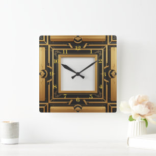 Elegantes Schwarz-Gold Art Deco Quadratische Wanduhr